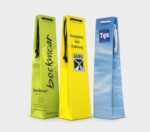 Custom branded bottle paper bags with logo for wine, gourmet products and corporate gifts
