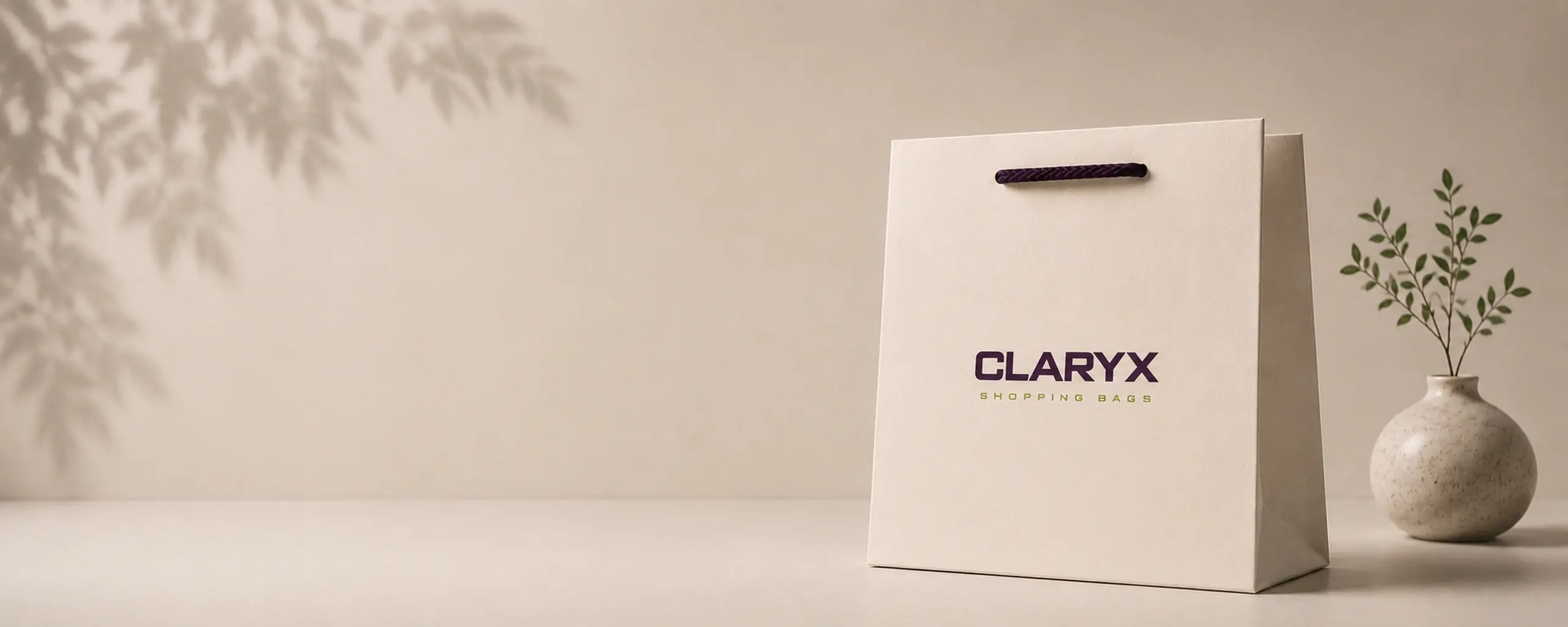 Рекламни хартиени торбички Claryx с плетен памучен шнур върху минималистичен премиум фон.
